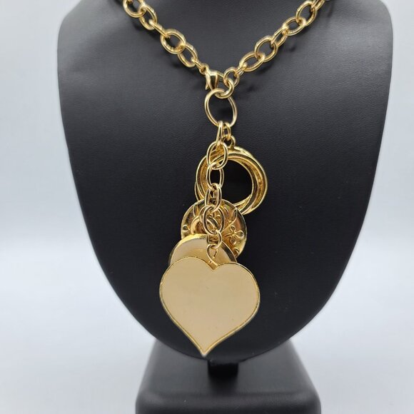 Vintage Goldtone Open Link Choker Necklace Multi Charm Pendant Enamel Hearts - Picture 2 of 10